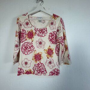 Oscar Dela Renta Womens Petite Small Floral Print Top 3/4 Sleeve Ivory Pink